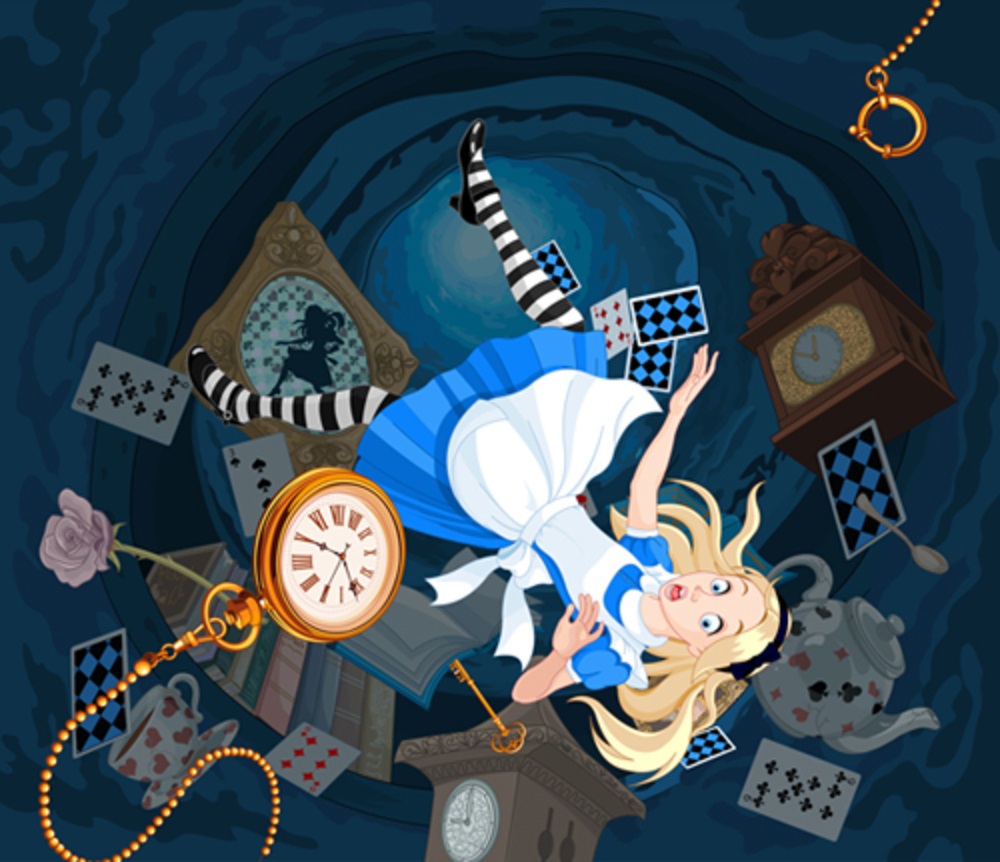 Alice falling down the rabbit hole into wonderland