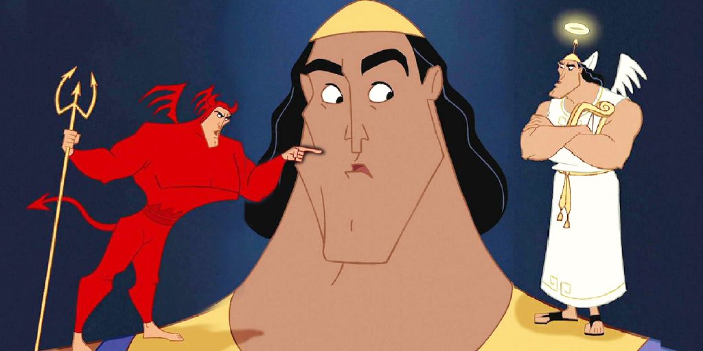 Kronk confussed by two shoulder angels