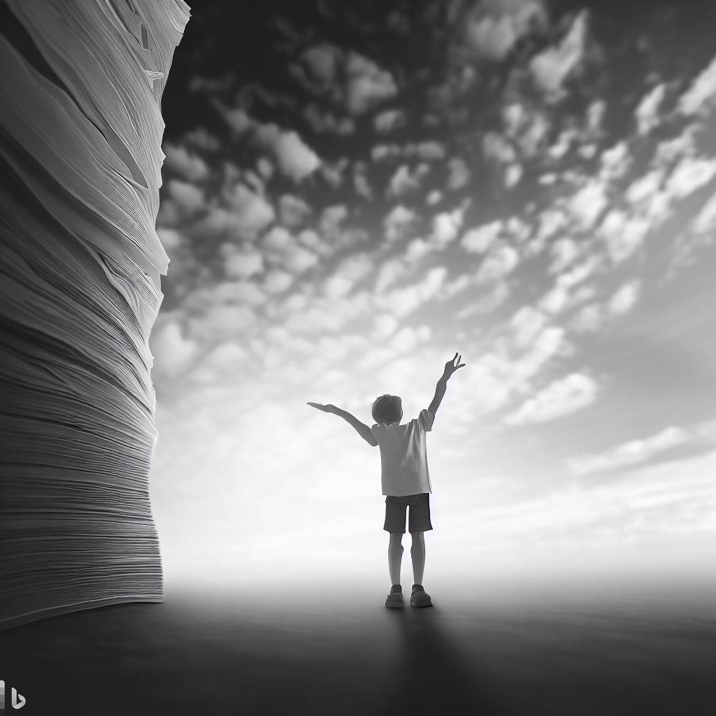 boy standing next to tower of papers reaching into the sky