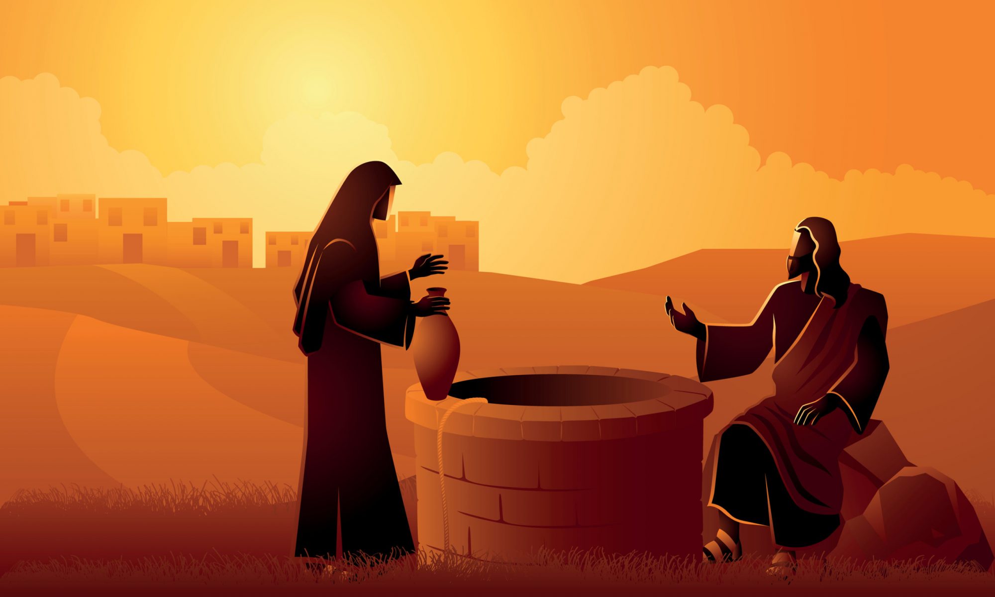 Jesus talks with the Samaritan woman at the well, digital art