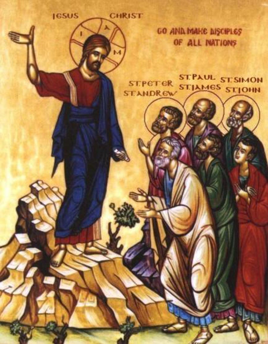 Jesus gives the disciples the great commission done in Byzantine art style